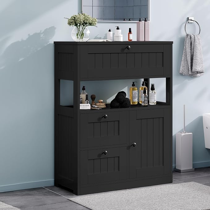 GRUSIGN Storage Cabinet, Modern Bathroom Floor Storage Cabinet Organizer with 1 Door and 3 Drawers, Freestanding Cupboard for Kitchen/Living Room Use