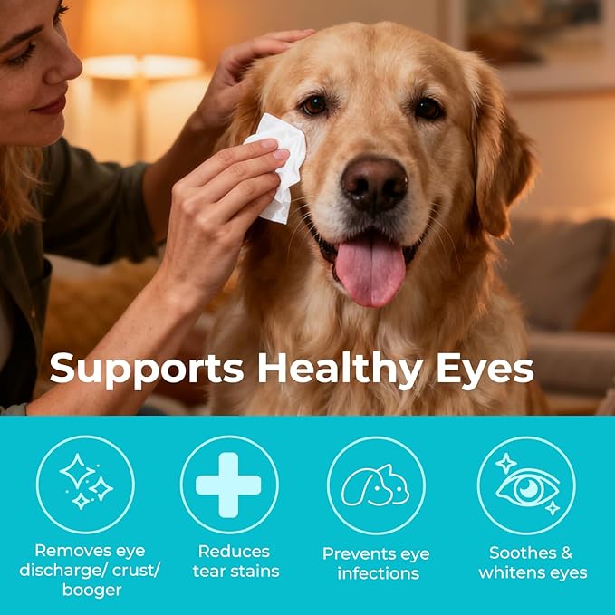 Gentle Pet Eye Wipes, Hypoallergenic Tear Stain Remover for Cats and Dogs, 100 Count Unscented Cleaning Pads with Adequate Fluid Content