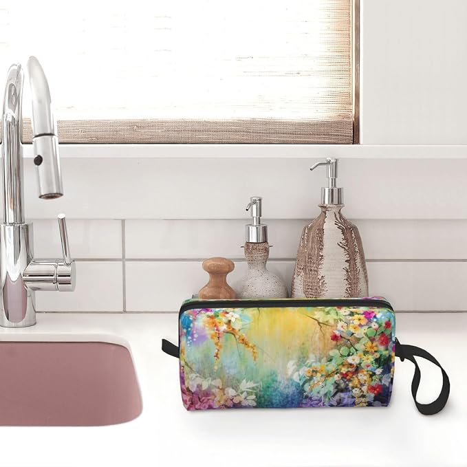 Watercolor Rainbow Flower Makeup Bag for Women | Durable 600D Oxford Fabric, Impact-Resistant & Compact, Travel Cosmetic & Makeup Organizer for Gym & Daily Use