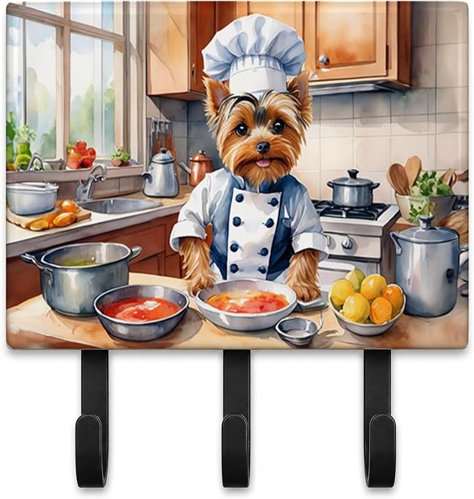 Caroline's Treasures Yorkie Yorkshire Terrier The Chef Leash or Key Holder Wall Hooks, Key Hooks Holder, Coat Rack Wall Mount, Coat Hooks, Hooks for Hanging Keys, Towels, Aprons, Leashes | Yorkie Yorkshire Terrier The Chef artwork on ceramic tile with ...