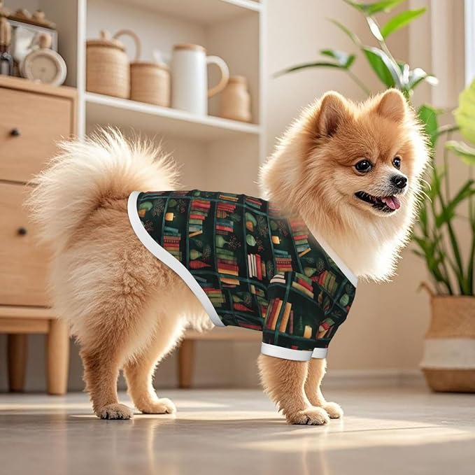 Bookshelf Green Books Dog T Shirt Dogs Cats Cotton Shirts Short Sleeve Clothes Soft Stretchy Pet Costume Doggy Outfit Pullover Jumper Puppy Sweatshirt Medium