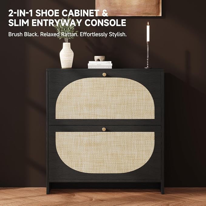 Shoe Organizer for Entryway, Slim Shoe Rack with 2 Flip Drawers, Modern Boho Rattan Shoe Cabinet Storage for Entryway, Narrow Shoe Cabinet with Adjustable Shelves for Small Spaces, Black