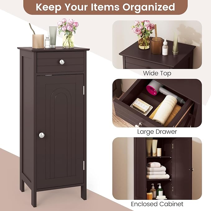 GLACER Floor Storage Cabinet, Bathroom Storage Cabinet (Brown) | 2 Adjustable Shelves | Ideal for Bathroom, Living Room | 14 x 12 x 34.5 inches