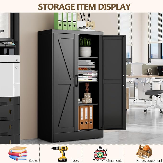 Black Metal Storage Cabinet, 43" Kitchen Pantry Cabinets for Office | Steel Kitchen Pantry Storage with Doors and 3 Adjustable Shelves, Metal Tool Cabinet, for Office, Home, Garage, School