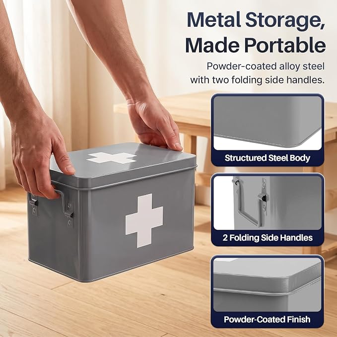 Flexzion Large Metal First Aid Box Empty, 13-Inch, Gray with White Cross | Vintage Medicine Box and First Aid Storage Organizer with Removable Tray and Dividers; Empty Box Only, Supplies Not Included
