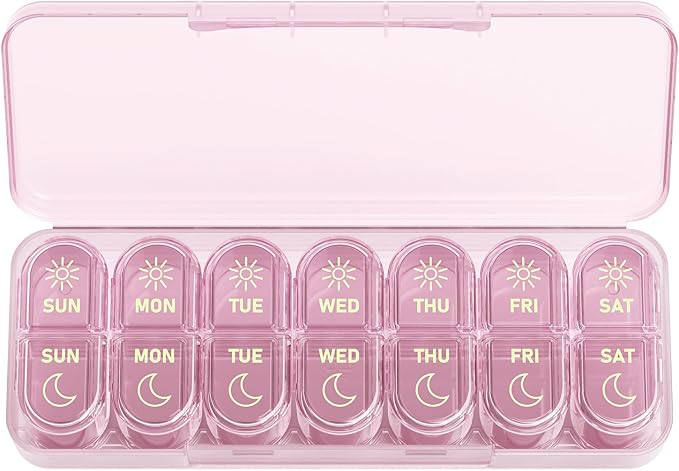 Daviky Pill Organizer 2 Times a Day, AM PM Pill Organizer Box Weekly 7 Day | Portable Travel Pill Organizer, Cute & Compact, Easy-Open Large Compartments, Reusable for Pills, Vitamins & Supplements