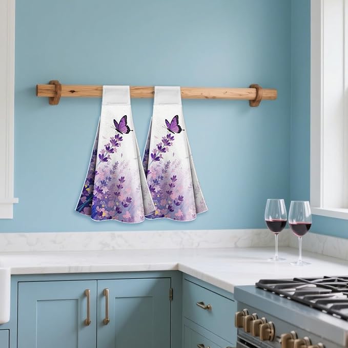 CUTHOLLOW Purple Lavender Flower Hanging Kitchen Towels with Loop, Set of 2 - Soft & Super Absorbent Microfiber Decorative Hanging Dish & Hand Towel, Tea Coffee Towel for Kitchen Bathroom Oven Handle