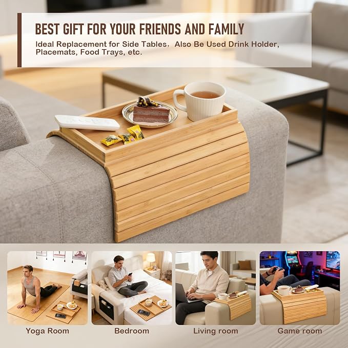 Bamboo Sofa Armrest Tray, Foldable Couch Arm Table with Anti-Slip & Waterproof Design, Versatile Sofa Arm Organizer for Drinks, Snacks, Remote Control, Fits Most Sofa Arm Widths (Bamboo)