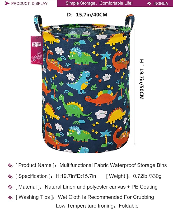 Forest Dinosaur Laundry Hamper Large Canvas Fabric Storage Basket | Organizer Bin Dirty Clothes Collapsible Waterproof for College Dorms, Boys and Girls Bedroom,Bathroom