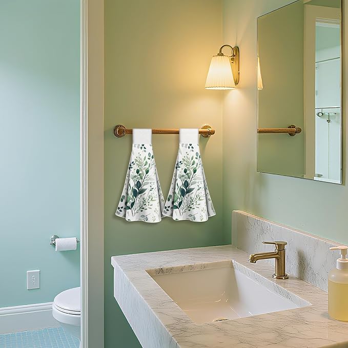 CUTHOLLOW Watercolor Green Leaves Hanging Kitchen Towels with Loop, Set of 2 - Soft & Super Absorbent Microfiber Decorative Hanging Dish & Hand Towel, Tea Coffee Towel for Kitchen Bathroom Oven Handle
