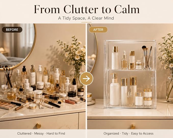 2-Tier Acrylic Display Case with Magnetic Door, Clear Makeup & Skincare Organizer for Bathroom Countertop, Dustproof Vanity Storage Cabinet for Cosmetics, Perfume & Beauty Products
