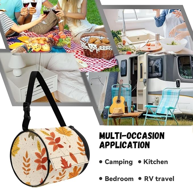 Hanging Paper Tower Holder Wall Mounted Cylinder Toilet Paper Roll Storage Holder with Adjustable Strap Easy to Install 6.3 * 6.3 * 6.3 Inch,Falling Leaves