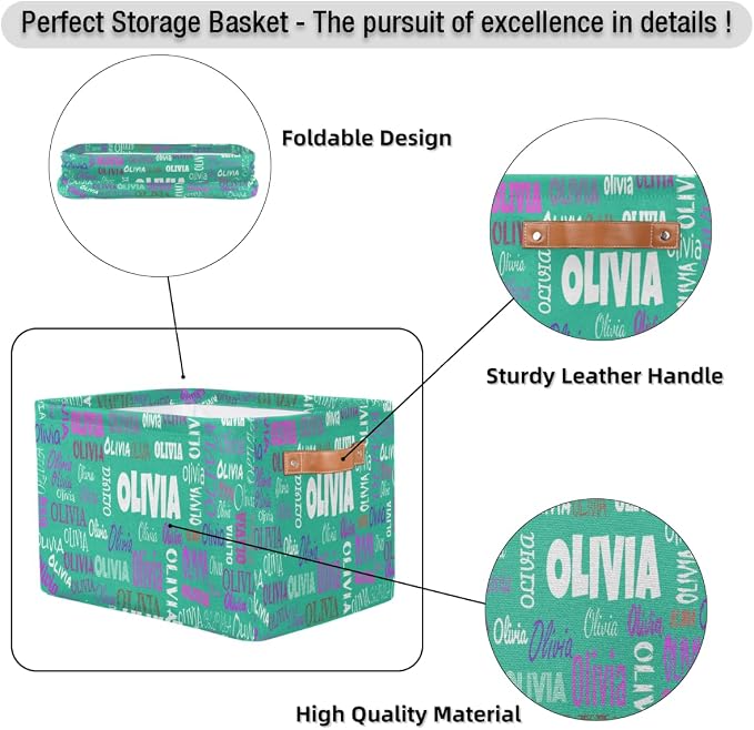 Personalized Name Storage Bins Basket Boxes, Light Sea Green Color | Organizing Boys Girls Pets Toys Closet Shelf Clothes Books