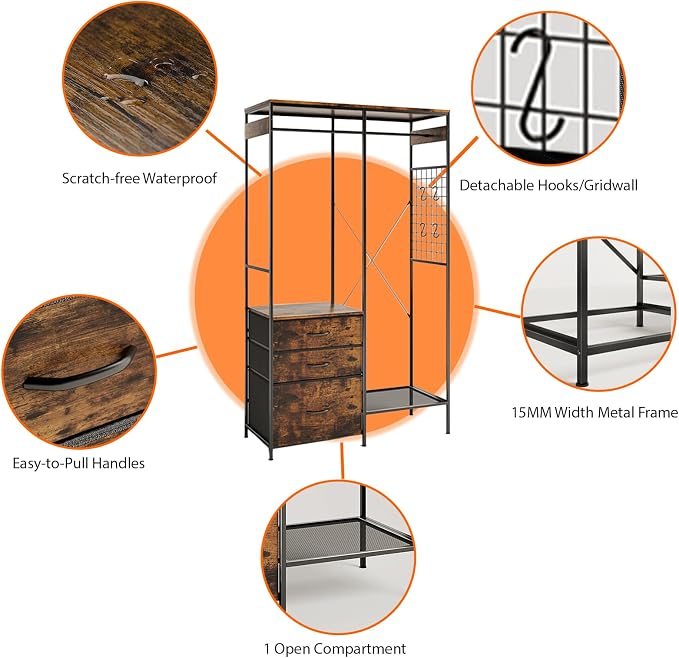 Heavy Duty Clothes Rack with 3 Drawers & LED Light, Garment Rack with 3 Shelves, Free Standing Wardrobe Organizer with 8 Hooks for Bedroom, Small Space, Garming Room（37.8"W x 66.93"H, Rustic Brown）