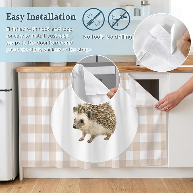 Hedgehog Cabinet Dishwasher Hidden Curtains, Privacy Closet Door Curtain, Modern Farmhouse Linen Checked Animal Adhesive Dust Proof Under Sink Skirt for Bathroom Kitchen 35"x35"