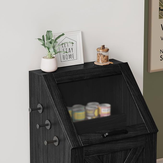 Dog Feeding Station with Storage Cabinet & 2 Elevated Bowls,Black | All-in-one Pet Feeding Station: Sealed Food Bin + 2 Pull-out Elevated Bowls + Shelf + Side Hooks. Moisture-Proof.