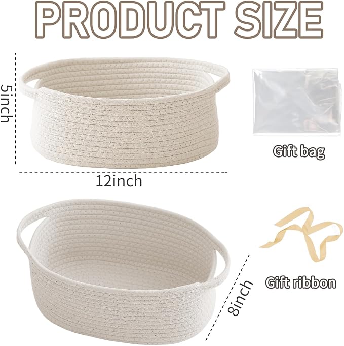 JMvicyroam Small Woven Basket, Empty Gift Basket, White/2 Pack | Small Gift Basket, Cotton Rope, 12 x 8 x 7 in, Handles, Includes Ribbon and Bag, Birthday Gift Basket
