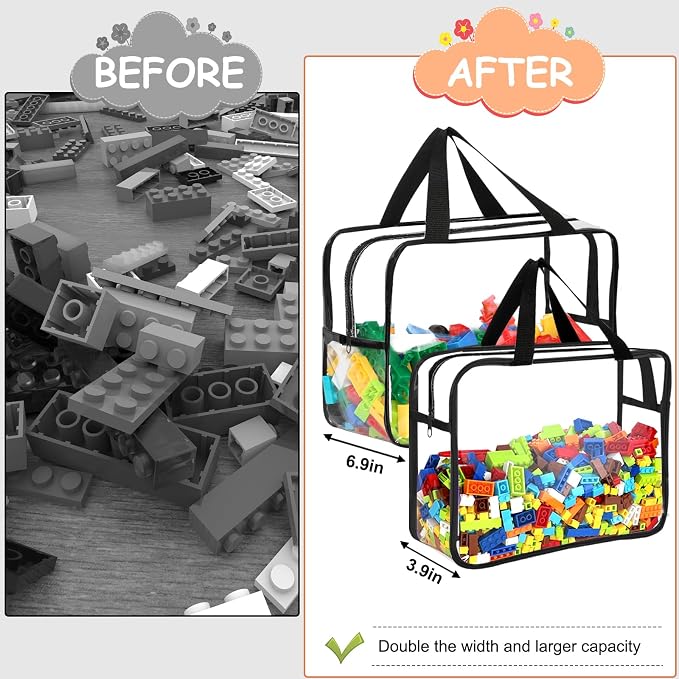 6Pcs 3Large & 3XL Toy Storage Bags with Labels Reusable Clear Toy Organizer | PVC Waterproof Transparent Organizer Bags with Zipper for Building Blocks, Puzzle, Board Games Travel Storage, Save space