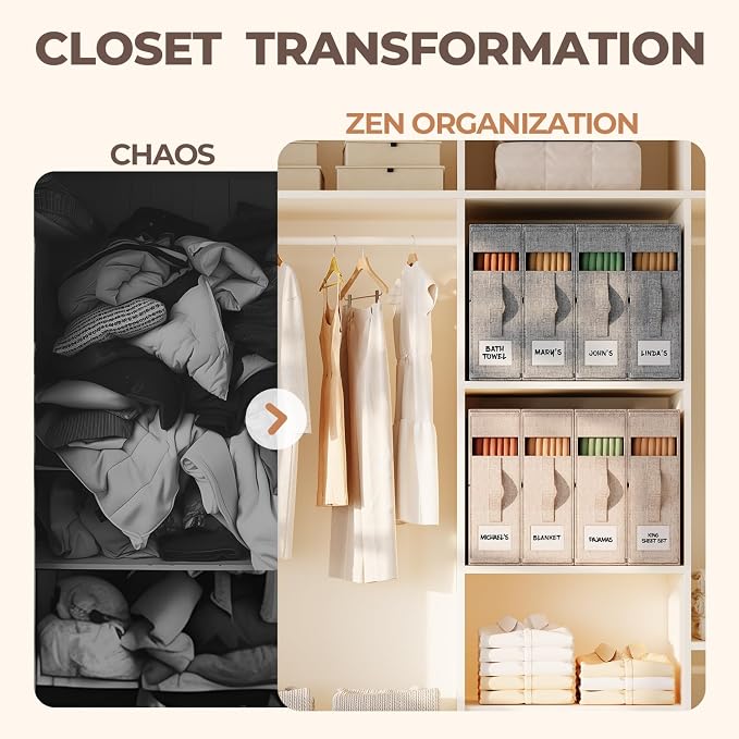Sheet Organizers and Storage for Linen Closet, 6Pack Grey | 1200D Linen-Type Cloth, Fits King and Queen Sheet Sets, Clear Window and Label Slot, Foldable Dustproof Storage with Handle