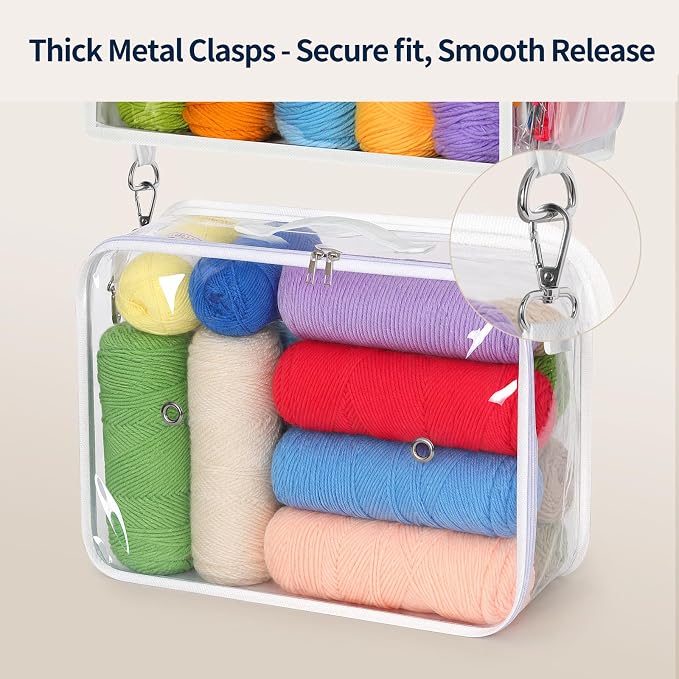 Yecaye Hanging Yarn Storage Organizer with 5 Zippered Closure Compartments, Stuffed Animal Storage with Clear PVC, Dustproof Yarn Holder for Crocheting Storage, Matte White 5 Tier with 1 Handbag