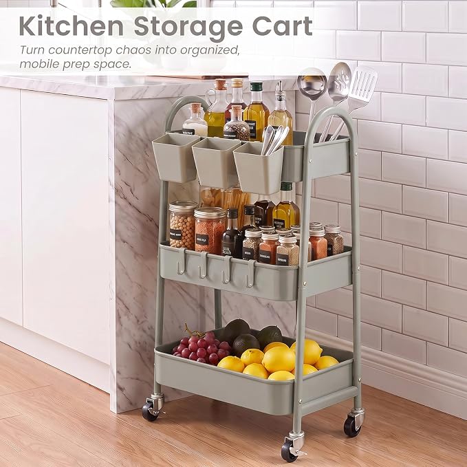danpinera 3-Tier Rolling Cart, Metal Rolling Storage Cart with Lockable Wheels & Hanging Cups & Hooks, Mobile Trolley Cart for Kitchen, Bathroom, Office, Workshop, Gray