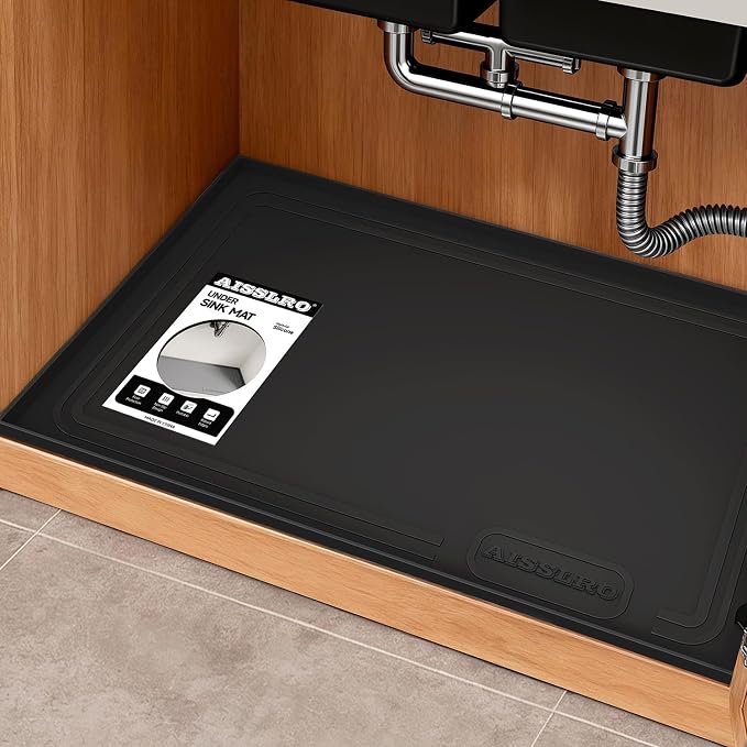 Aisslro Under Sink Mat 25" X 19", Waterproof Silicone Under Sink Mats for Kitchen, Anti-Leak Shelf Liner & Cabinet Protector with Raised Edge, [BPA Free] Bathroom Tray Home Organizer, Black | BPA-Free Raised-Edge Cabinet Protector & Leak Tray for Bathr...
