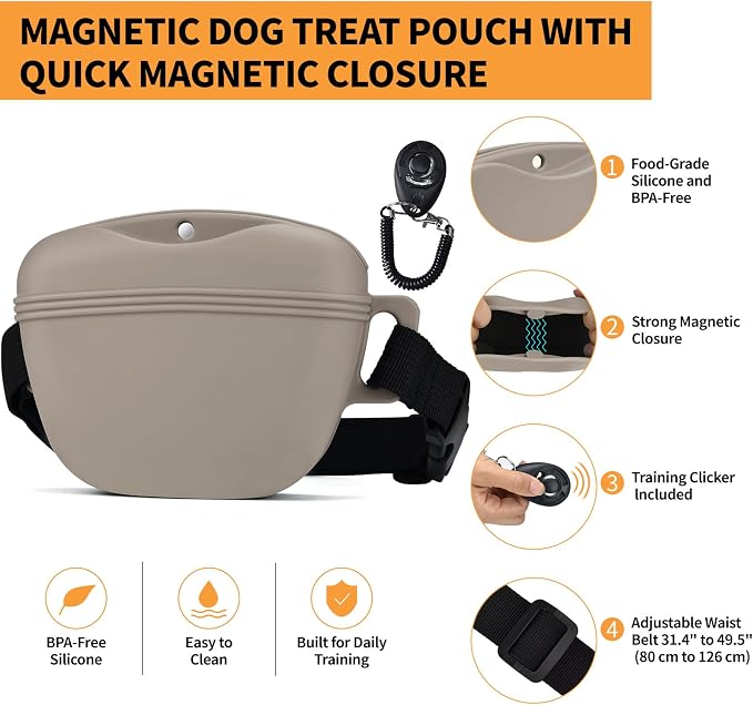 Silicone Dog Treat Pouch with Training Clicker | Upgraded Magnetic Closure, 1.6 Cup Capacity, Food-Grade Silicone, Easy Cleaning, Adjustable Belt for Training and Walking