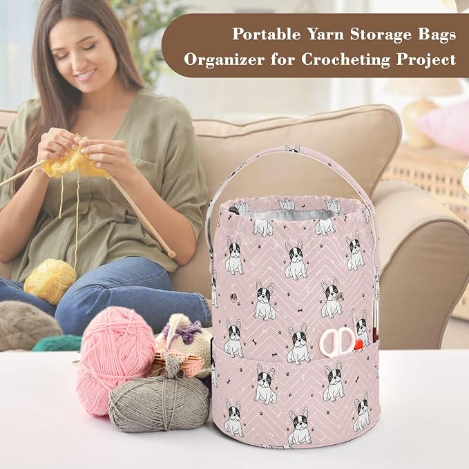 Cute Pets Dogs Pink Crochet Bag Organizer Small Yarn Storage Organizer Crochet Accessories Knitting Bag Portable Yarn Holder for Knitting Kit Supplies Travel