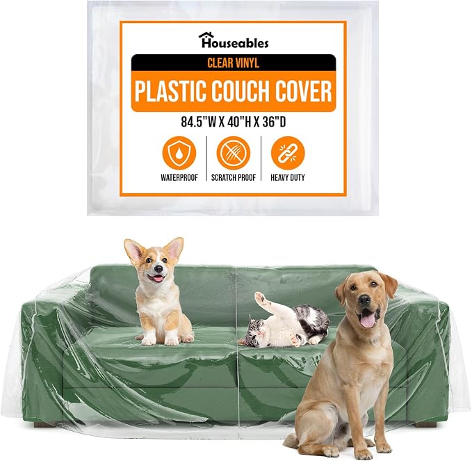 Plastic Couch Cover, Plastic Couch Covers for Pets, Cats, 84.5 x 40 x 36 in | Houseables Clear Sofa Protector for Moving, Loveseat Protector, Storage, Pets, Spills, Heavy Duty, Waterproof, Vinyl, Thick