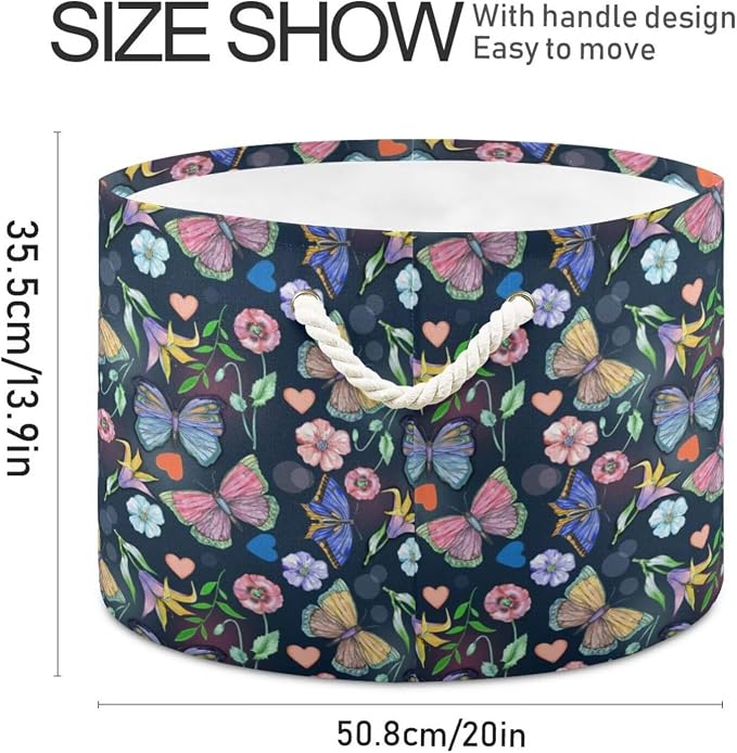 Butterfly Floral Collapsible Round Storage Basket with Handles | Floral Print Large Laundry Baskets Hamper, Clothes Organizer Bin for Nursery Bedroom Living Room Decor, 20x 20x 14 Inches