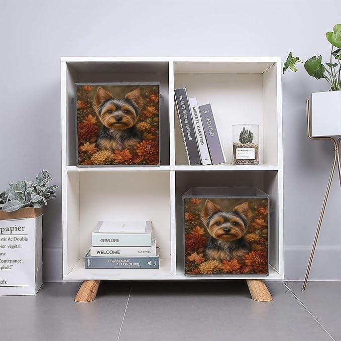 Yorkie Dog Autumn Flowers Storage Bin with Handles, Oxford Fabric Foldable Storage Cube Organizer for Clothes, Towels, Bedroom, Living Room, Home Organization