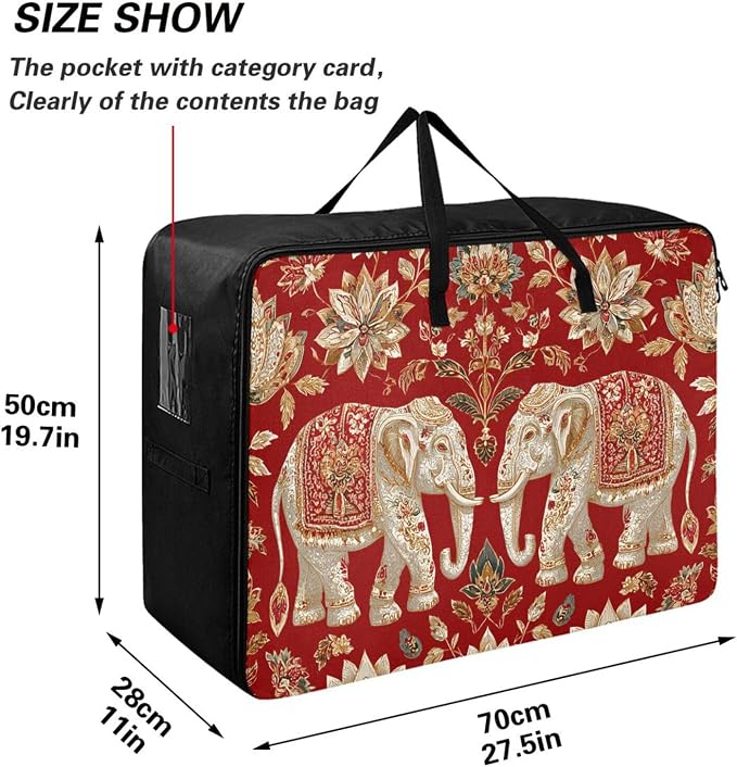 Comforter Storage Bags Large Folding Blanket Organizer Bag with Strong Handles Clear Window Closet Storage Containers for Clothes King Queen Pillows Bedding Quilt Duvet Red Elephants Florals Or