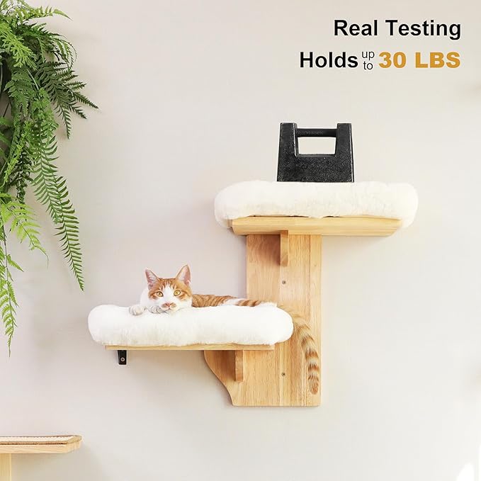 FUKUMARU Cat Wall Shelves, 2 Platform with Soft Cushion Perch | Floating Shelf Kitten Furniture, Solid Rubber Wood Cats Perch For 16 Inch Drywall, Suitable for Climb, Play, Nap
