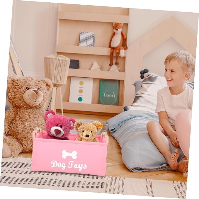 Luxshiny Large Pink Felt Pet Storage Box with Handle Organizer for Dog Treats Collars and Pet Supplies Compact and Practical Basket for Household Use
