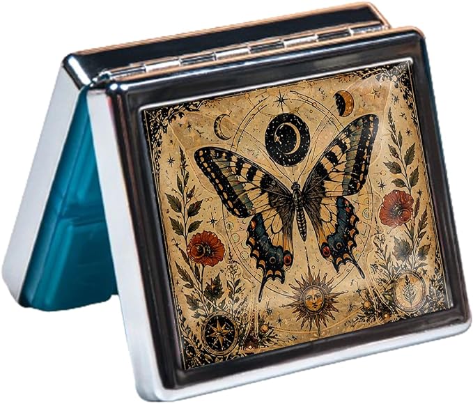 Weekly Pill Organizer with Mirror, 8 Compartments Chrome Pill Box, Portable Travel Medication Organizer for Vitamins and Supplements, Compact Pocket Pill Case for Daily Use (Retro Butterfly)