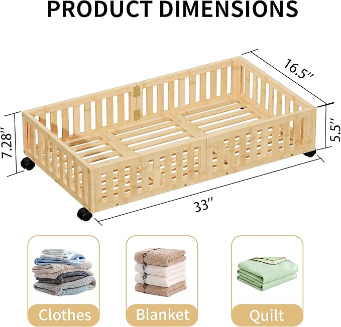 Under Bed Storage with Wheels, 2 Pcs Bamboo Drawers for Clothes and Toy | 360° wheels glide smoothly. Sturdy bamboo frames hold clothes, shoes, bedding and toys. Easy pullout access keeps rooms tidy
