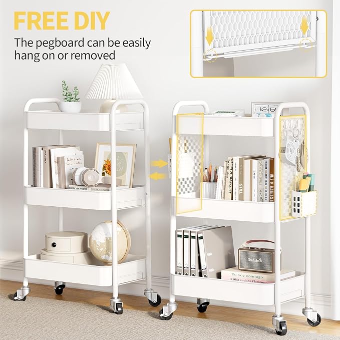 TOOLF 3 Tier Rolling Cart, Metal Utility Storage Cart with Pegboard, White | 2 Bins & 4 Hooks, Screwless Assembly, Lockable Wheels, Trolley Organizer for Bathroom, Kitchen, Office, Dorm, Craft Room