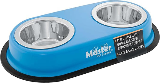 Master Pet Supply Double Dog Bowls Set with Elevated Base and 2 (8 oz) Stainless Steel Removable Dishes (True Blue) – Double Cat Food Water Bowl, Dog Puppy Food Bowl Set, Rust Resistant