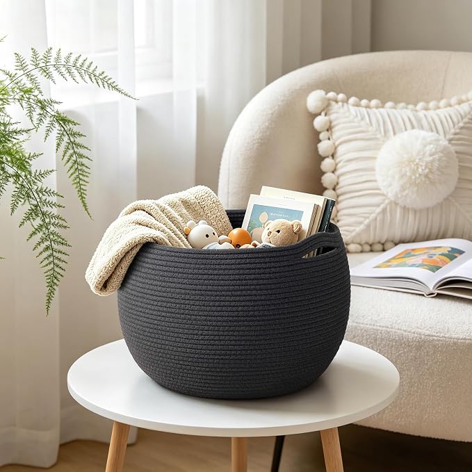 Goodpick Large Toy Storage Basket for Kids, Round, 15.7" x 10.5", Black | Woven Rope Basket with Handles, Holds Blankets, Toys & Baby Shower, Decorative Basket for Living Room & Bedroom Décor