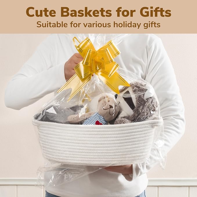 Goodpick White Baby Laundry Basket with Handles, Cute Cotton Rope Baskets for Toys, Small Basket for Organizing Gifts,Snacks,Woven Storage Baskets for Bathroom, 12"x 8" x 5" (Pack of 2)