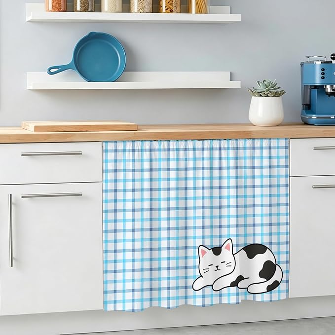 Cute Cat Oven Skirt Curtain for Kitchen Decor 28"x35", Blue Purple Checked Modern Pet Cats Rustic Self Adhesive Stove Curtains Skirt Cabinet Curtains for Bathroom Laundry Room