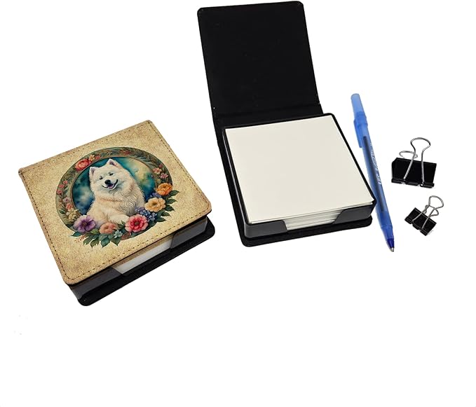 Caroline's Treasures Samoyed and Flowers PU Leather Note Paper Holder with Artist-Designed Cover, Desk Accessory, Office Gift