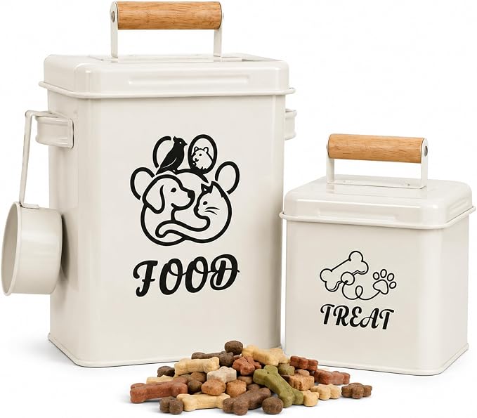 Airtight Dog Treat Container Set of 2 | Iron jars, 26 cup capacity, food-grade coated, includes 1 scoops, keeps treats fresh, fits kibble & biscuits, white