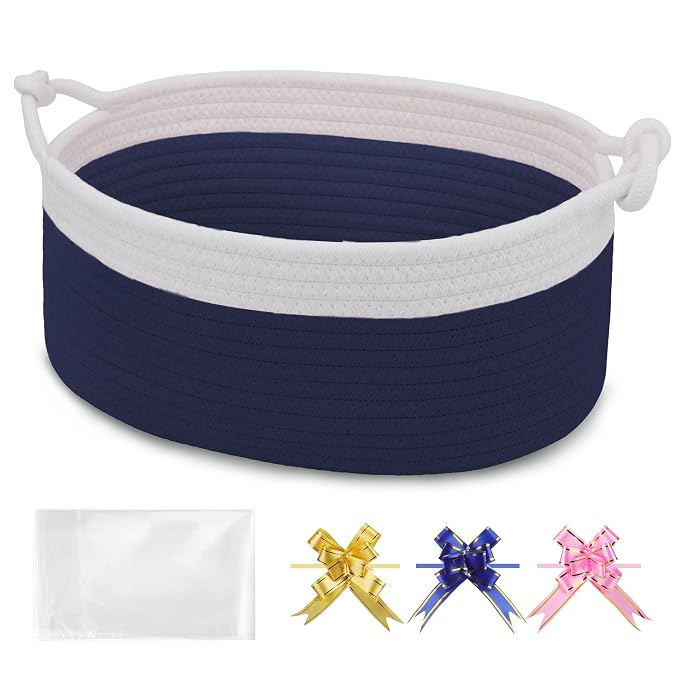 Small Empty Gift Basket with Bag & Ribbons, White & Navy Blue | 12“x8”x5”, Cotton Rope Woven Basket for Birthdays, Baby Showers, Mother's Day, Christmas; Stores Small Items, Kids & Pet Toys