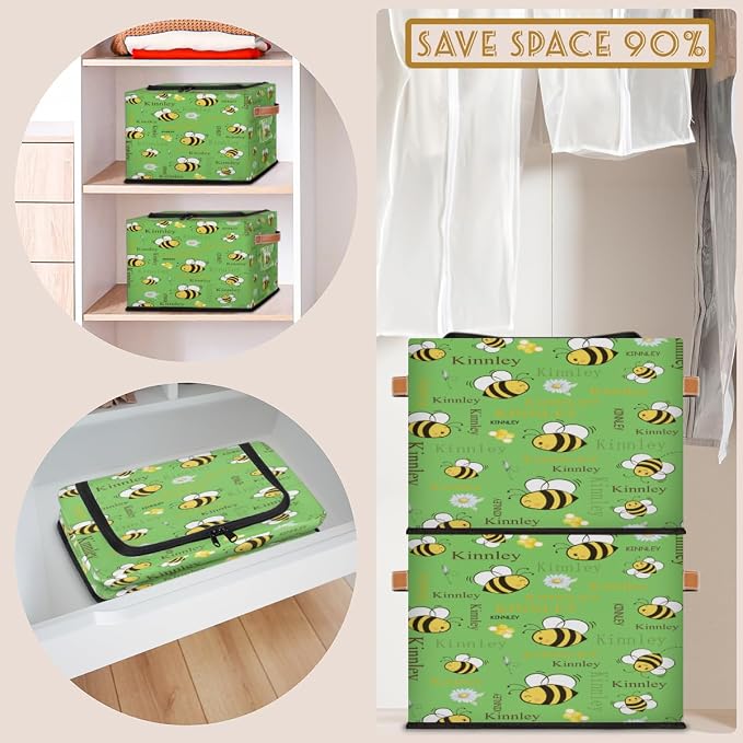 Personalized Foldable Storage Basket with Name, Cartoon Bee with Daisy Floral Spring Green Zipper Lid Laundy Hamper Dirty Clothes Toys Storage Bin with Handles for Shelf Home Closet