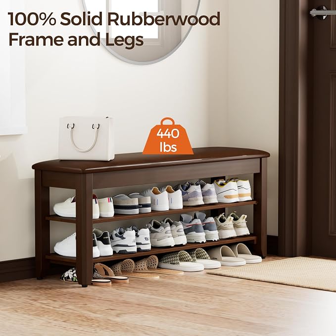 Homleke 39.4" Wide Solid Wood Shoe Rack Bench with Flip-Top Storage | 2-Tier Entryway Bench with Cushion, Adjustable Shelf, Holds Up to 10 Pairs, for Hallway, Bedroom and Closet, Walnut