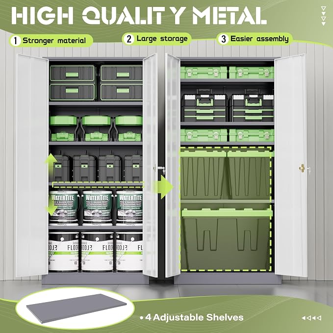 Crownland 72" Lockable Metal Storage Cabinet, Garage Storage Cabinets, High Office Cabinet with Adjustable Shelves for Garage, Home Office,Pantry, File(Grey White)