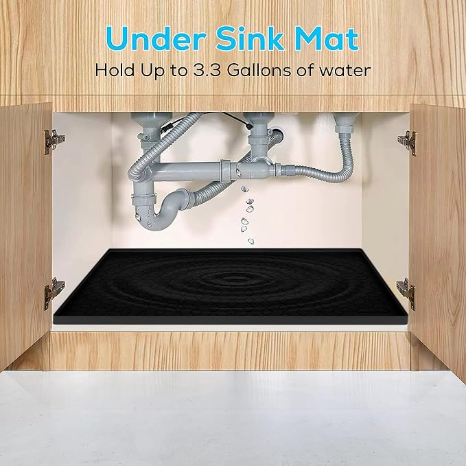 Under Sink Mat for Kitchen Silicone Waterproof Under Sink Liner, Flexible Sink Cabinet Organizer Tray with Drain Hole, Hold up to 3.3 Gallons Liquid, Easy to Clean (Black, 28X19)