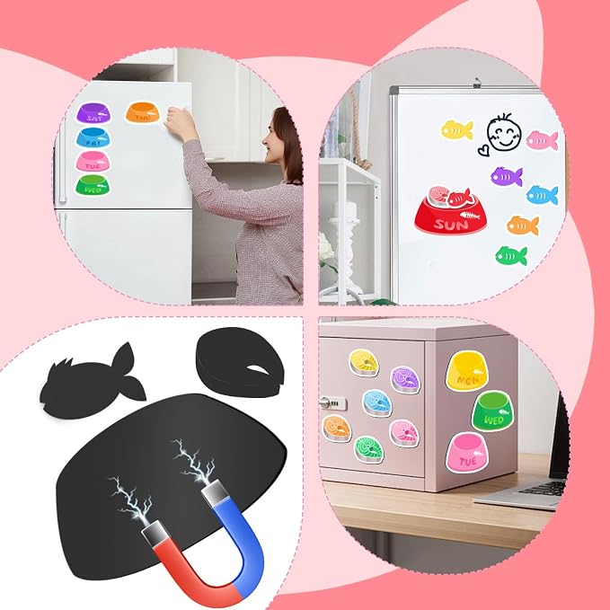 Magnetic Cat Feeding Reminder Tracker – Weekly Meal Planner for Cats with Colorful Bowls, Fish Meat & Fish Icons – Reusable Fridge Magnet Chart for Pet Feeding Schedule, Cat Food Organizer Sign