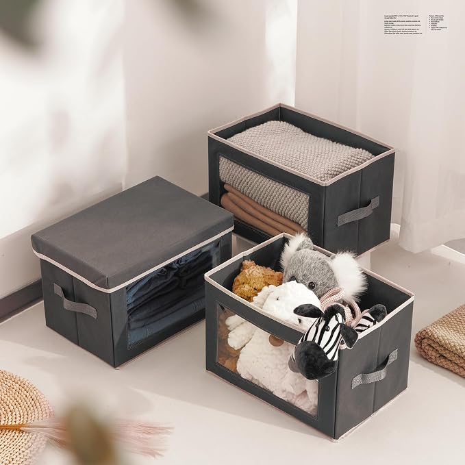 Storage Bins with Lids - Fabric Storage Boxe with Window, Collapsible Closet Organizers with Handles, 9 Pack Decorative Bin, Home Cubes Baskets for Clothes, Hat, Books, Dark Grey